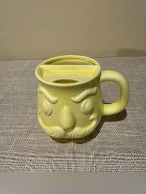 Vtg 70s Yellow Mustache Face Mug Japan Ceramic Funny Face Mustache Guard Cup